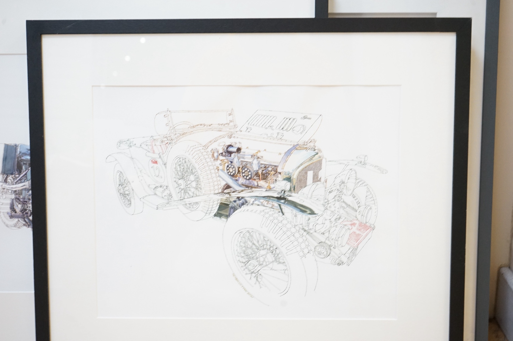 Peter Hutton (Contemporary), three watercolours, ‘Brough Superior SS100’, ‘Bentley’ and ‘Maserati 16 cylinder’ each inscribed verso, 33 x 43cm. Condition - good